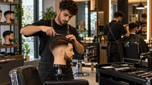 هنرجوی آرایشگری در حال تمرین کوتاهی مو